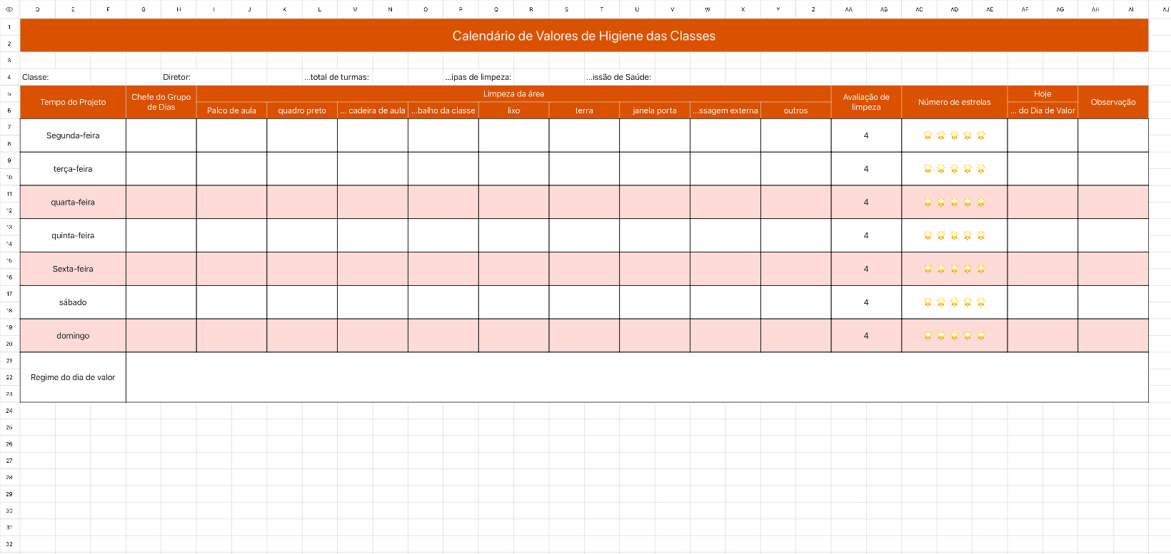 Calendário de Valores de Higiene das Classes